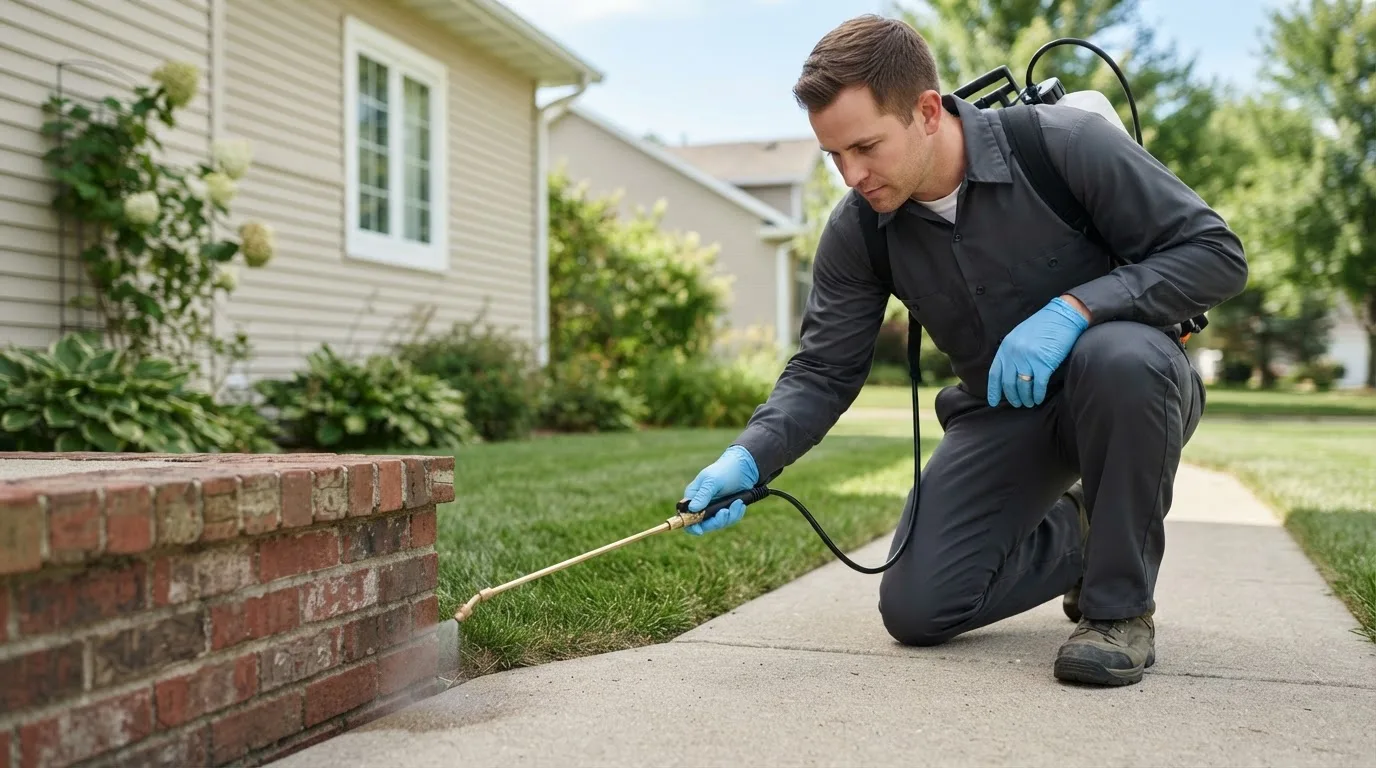 Pest control technician treating a home near South Portland, ME
